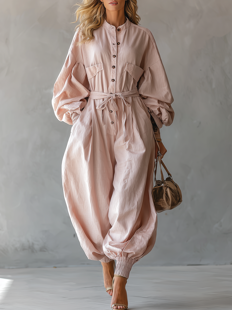 Casual And Stylish Round-neck Tulip-shaped Light Pink Jumpsuit