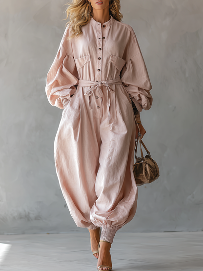 Casual And Stylish Round-neck Tulip-shaped Light Pink Jumpsuit