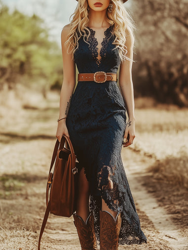 Vintage Bohemian Blue Lace Sleeveless Midi Dress