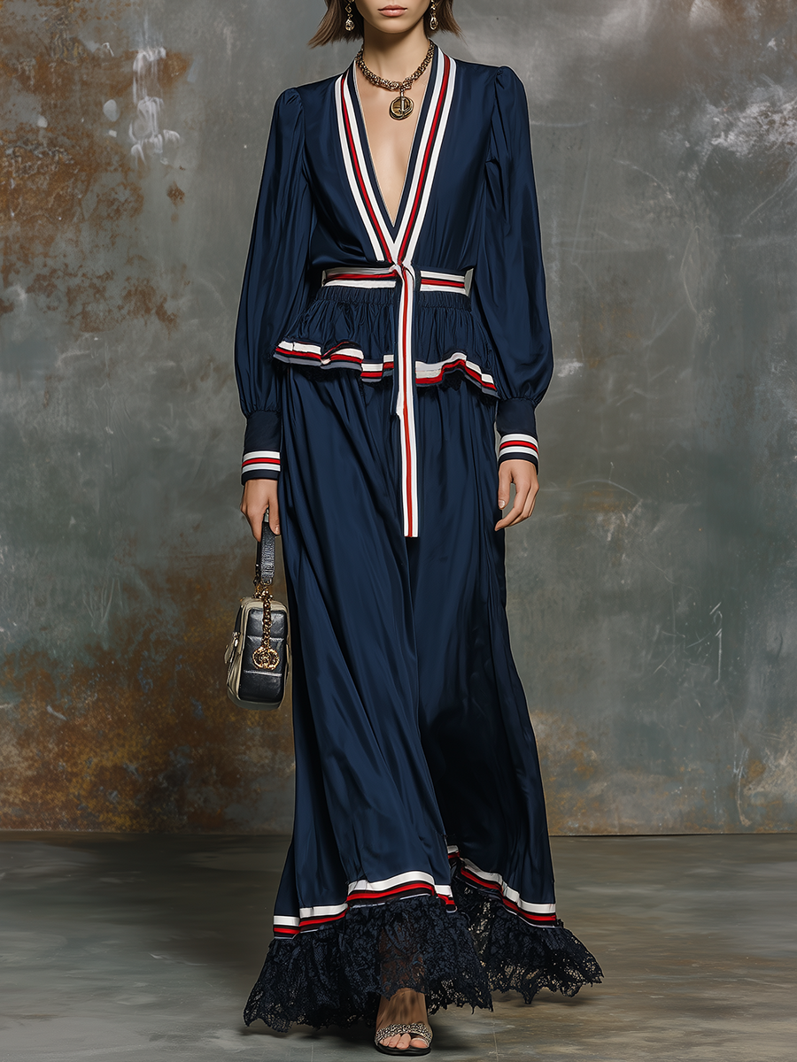 Retro V-neck Color-blocked Striped Satin Maxi Dress