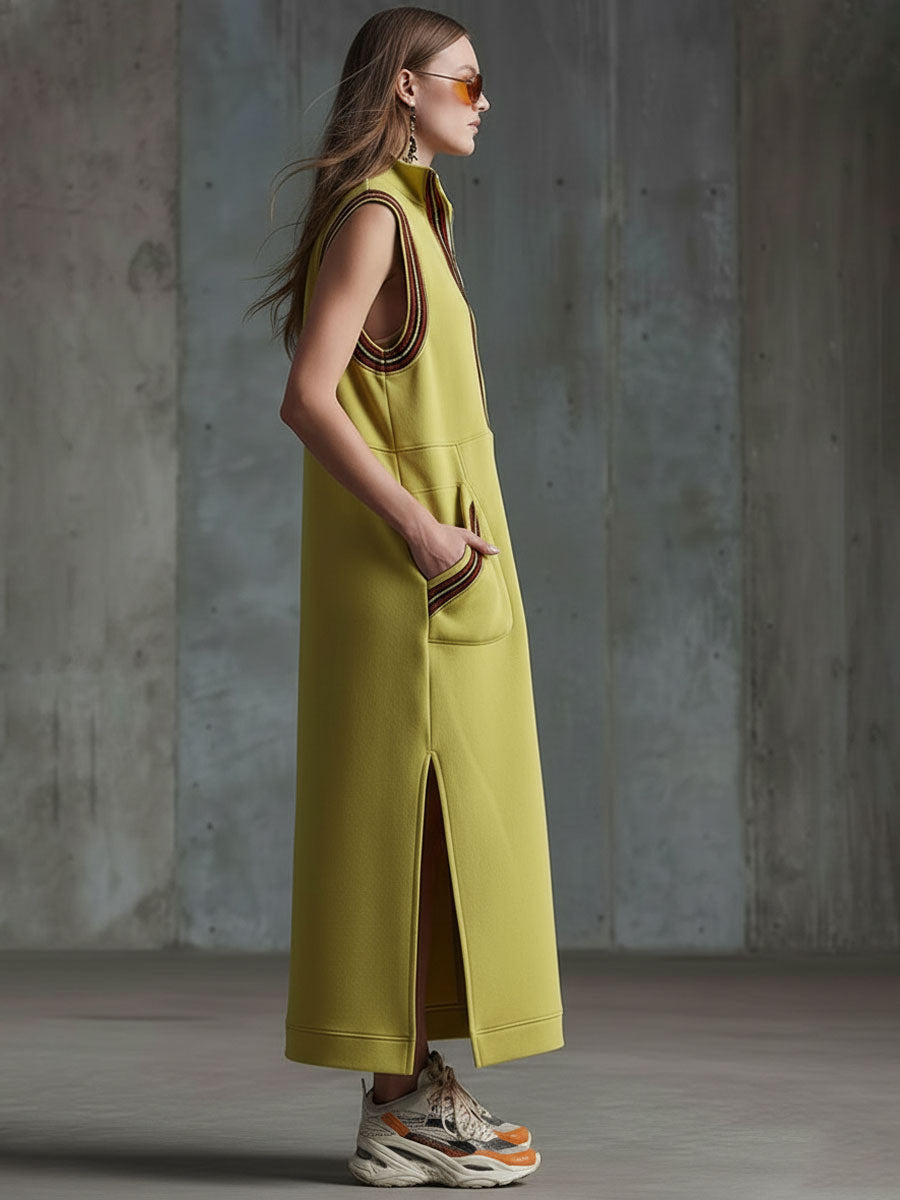 Sporty Retro-style Woven Yellow-green Slit Sleeveless Maxi Dress