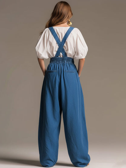 Casual Retro Blue Denim Wide-leg Overalls