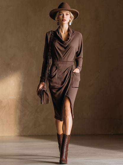 Stylish And Casual Brown Collared Cotton Midi Dress