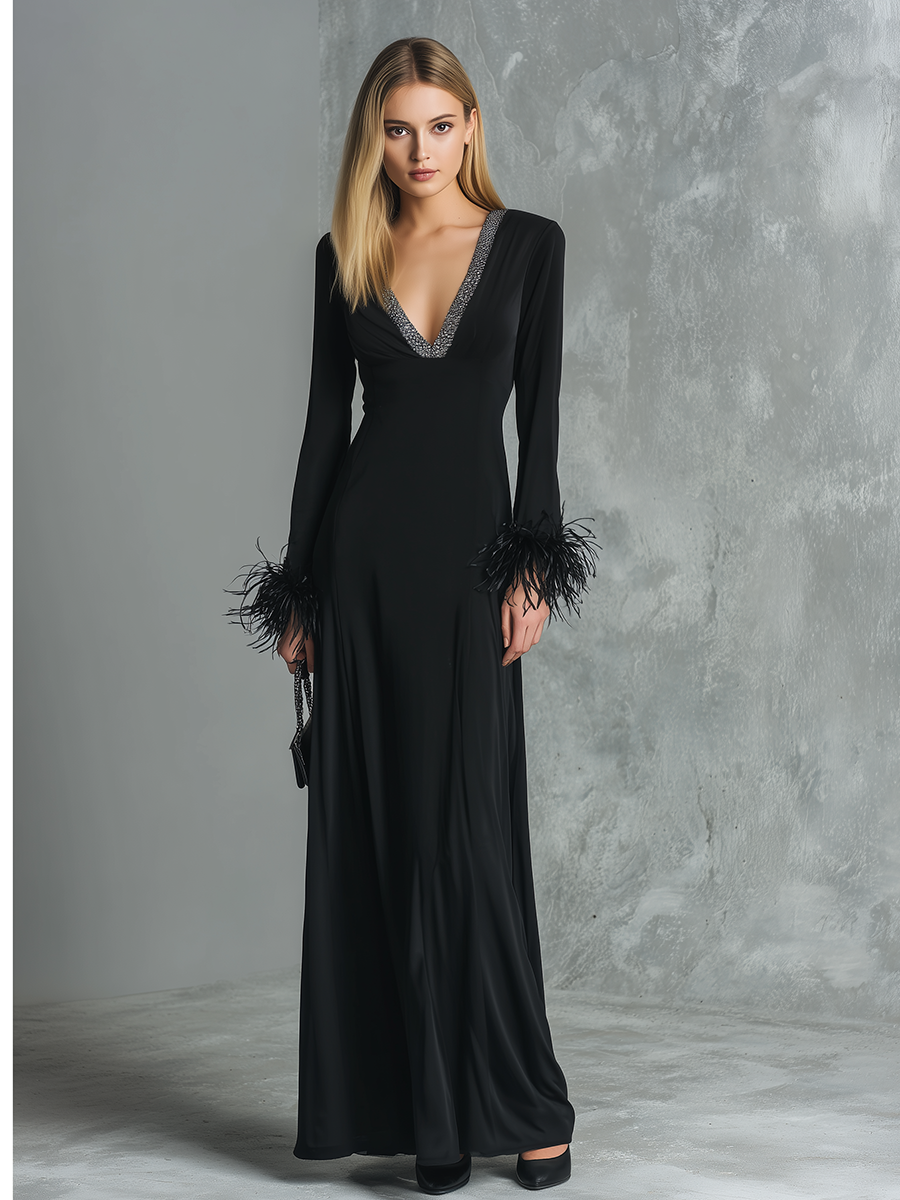 Retro Elegant V-neck Feather Cuff Trim Maxi Dress
