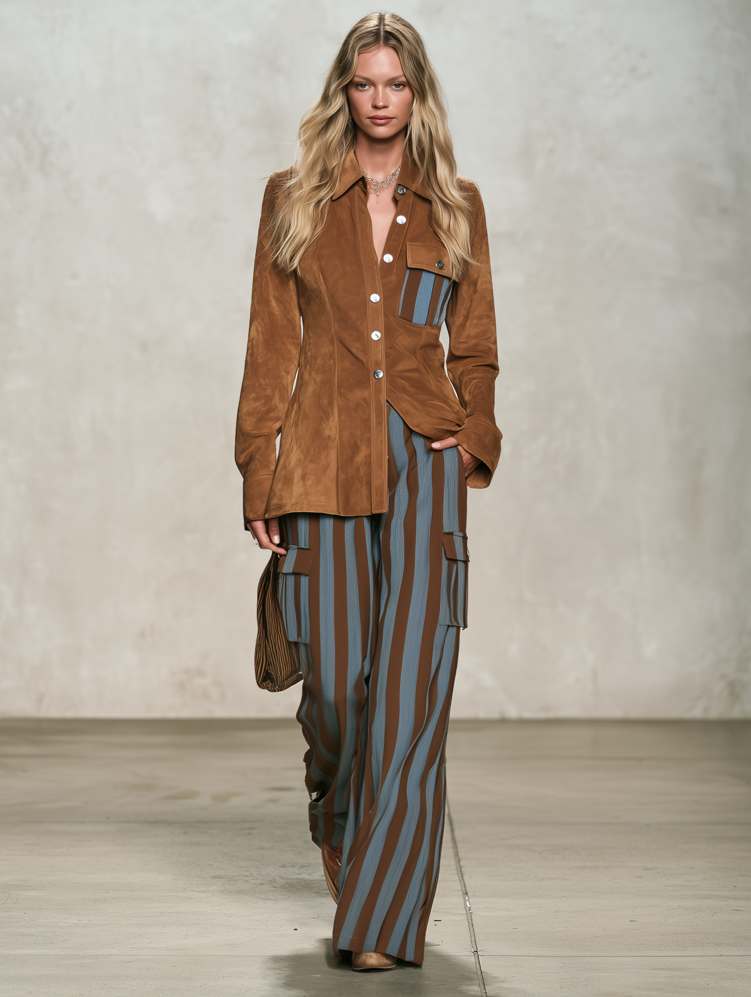 Retro-casual Elegant Faux Suede Shirt And Blue-and-brown Vertical Striped Trousers Set