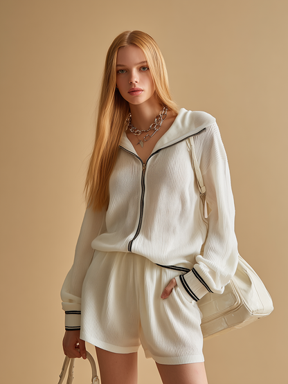 Stylish Sporty Retro Hooded Knit Top And Knit Shorts Set