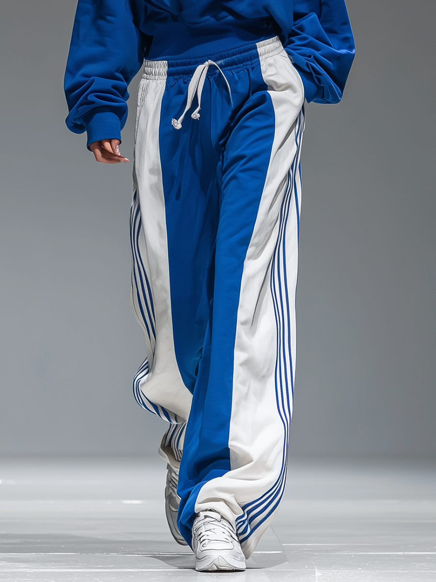 Retro Sporty Hoodie And Striped Wide-leg Pants Set