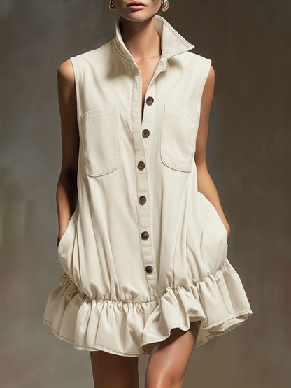 Casual Retro Off-white Tencel Denim Sleeveless Ruffle Mini Dress