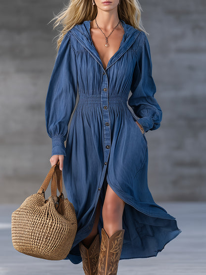 Stylish Blue Denim Button-up Elastic Pocket Midi Dress