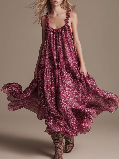 Stylish Retro Pink Leopard Print Strappy Chiffon Maxi Dress