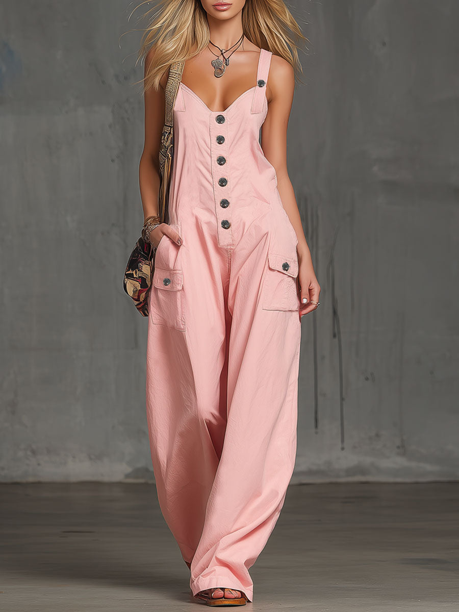 Pink Cotton Multi-pocket Overalls