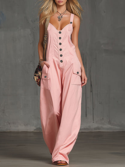 Pink Cotton Multi-pocket Overalls