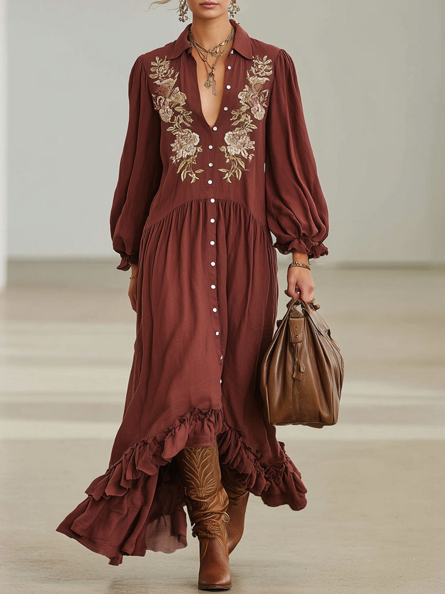 Bohemian Style Floral Embroidered Lapel Single-breasted Cotton Linen Maxi Dress