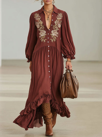 Bohemian Style Floral Embroidered Lapel Single-breasted Cotton Linen Maxi Dress