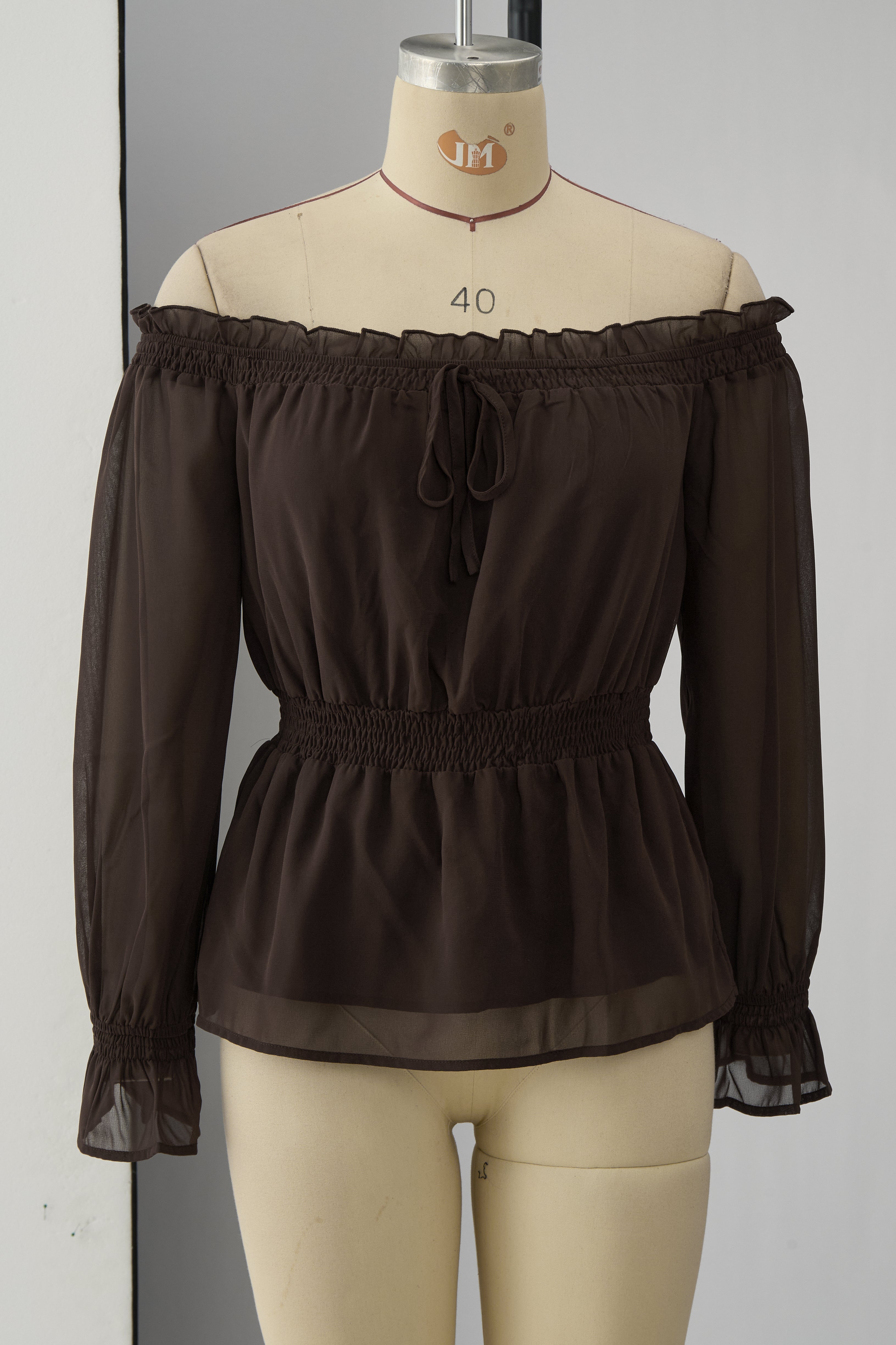Fashionable Retro Ruffled Brown Off-shoulder Chiffon Blouse