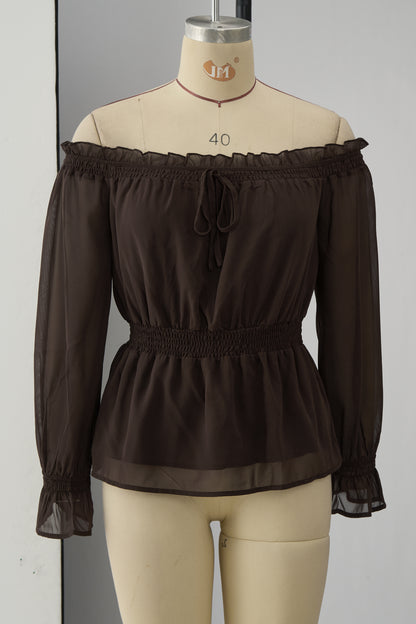 Fashionable Retro Ruffled Brown Off-shoulder Chiffon Blouse
