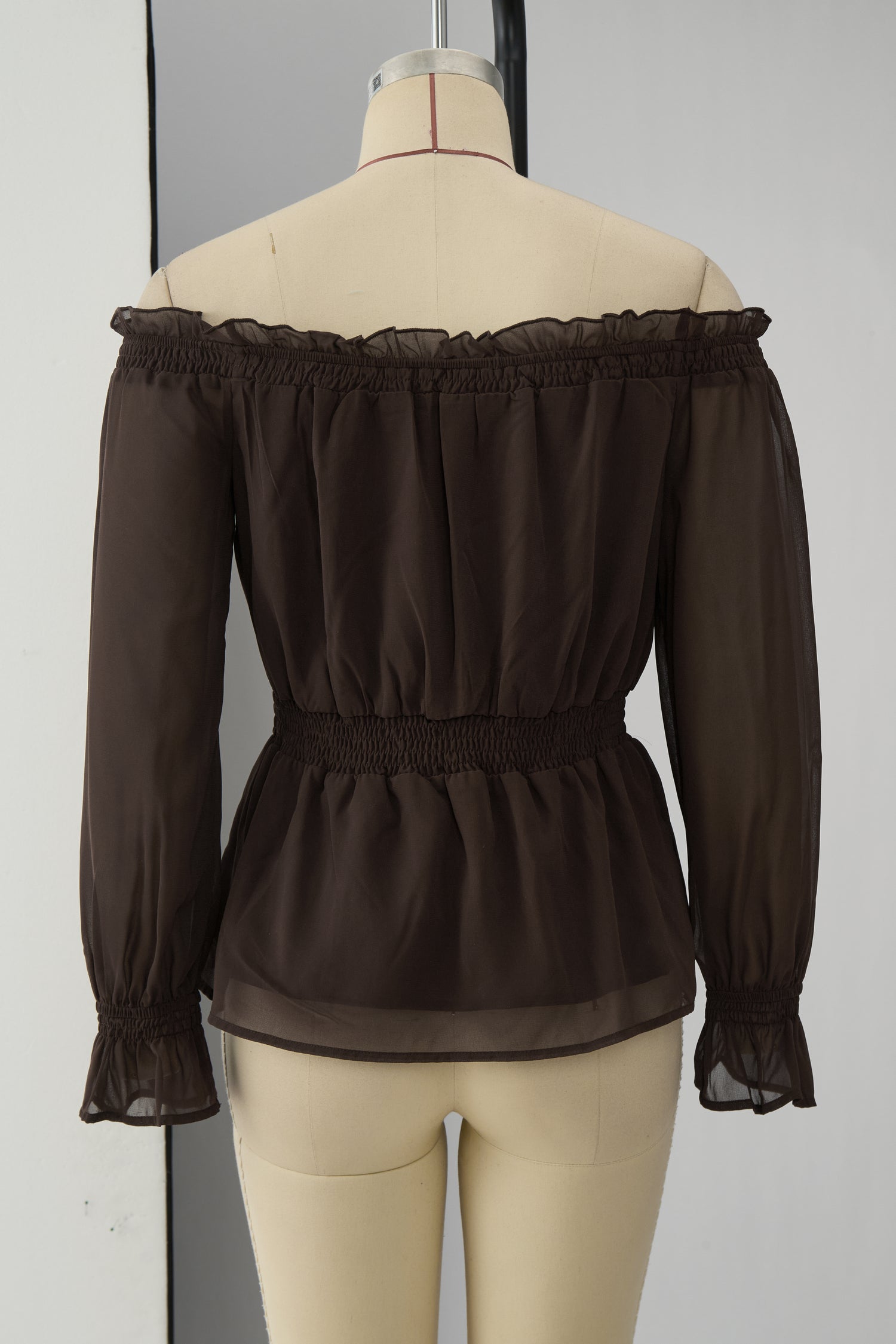 Fashionable Retro Ruffled Brown Off-shoulder Chiffon Blouse