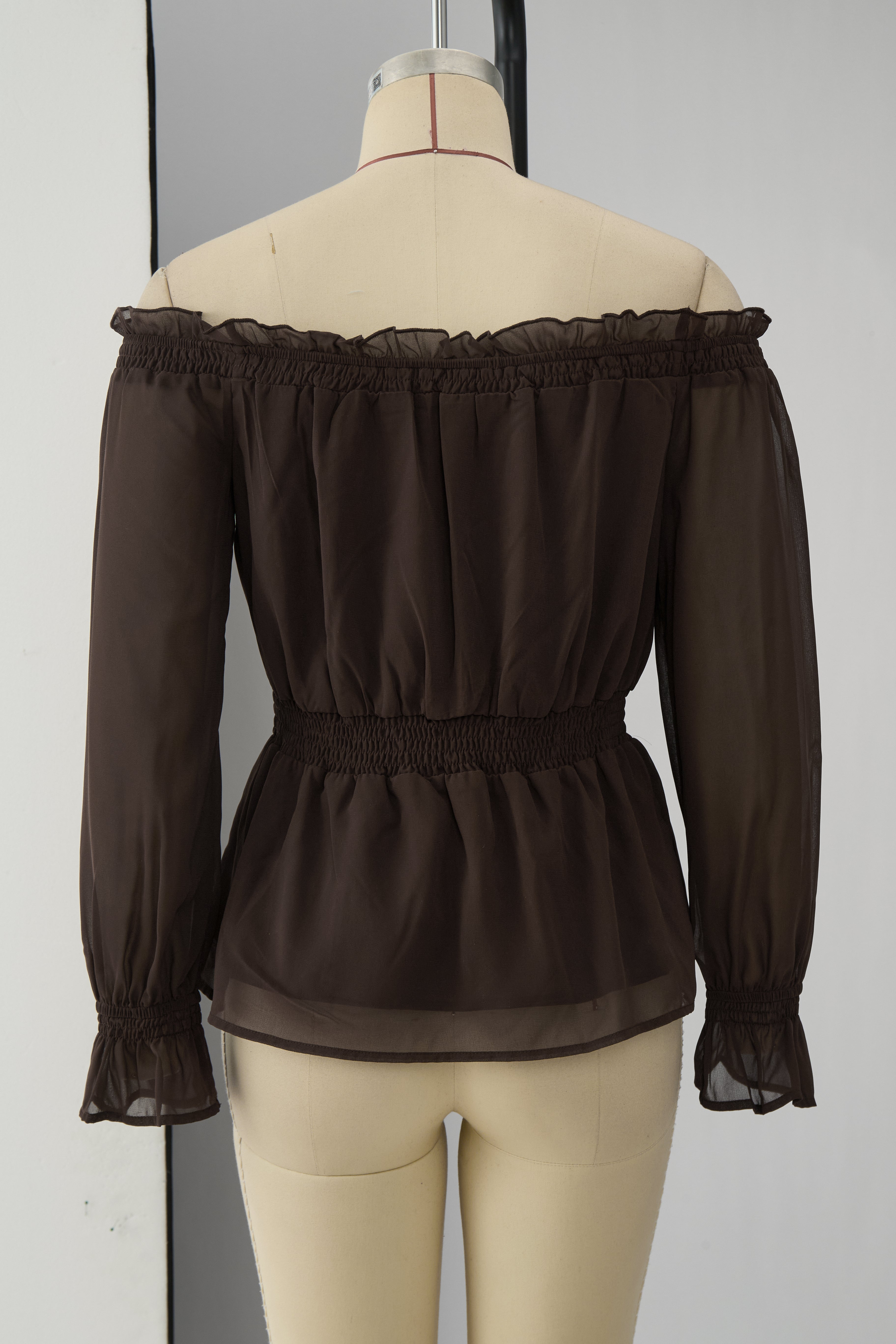 Fashionable Retro Ruffled Brown Off-shoulder Chiffon Blouse