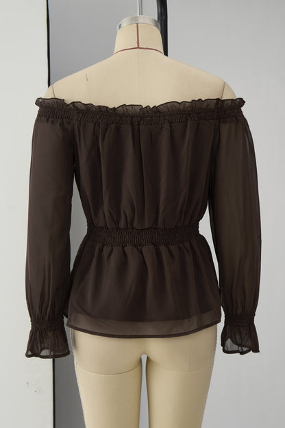 Fashionable Retro Ruffled Brown Off-shoulder Chiffon Blouse