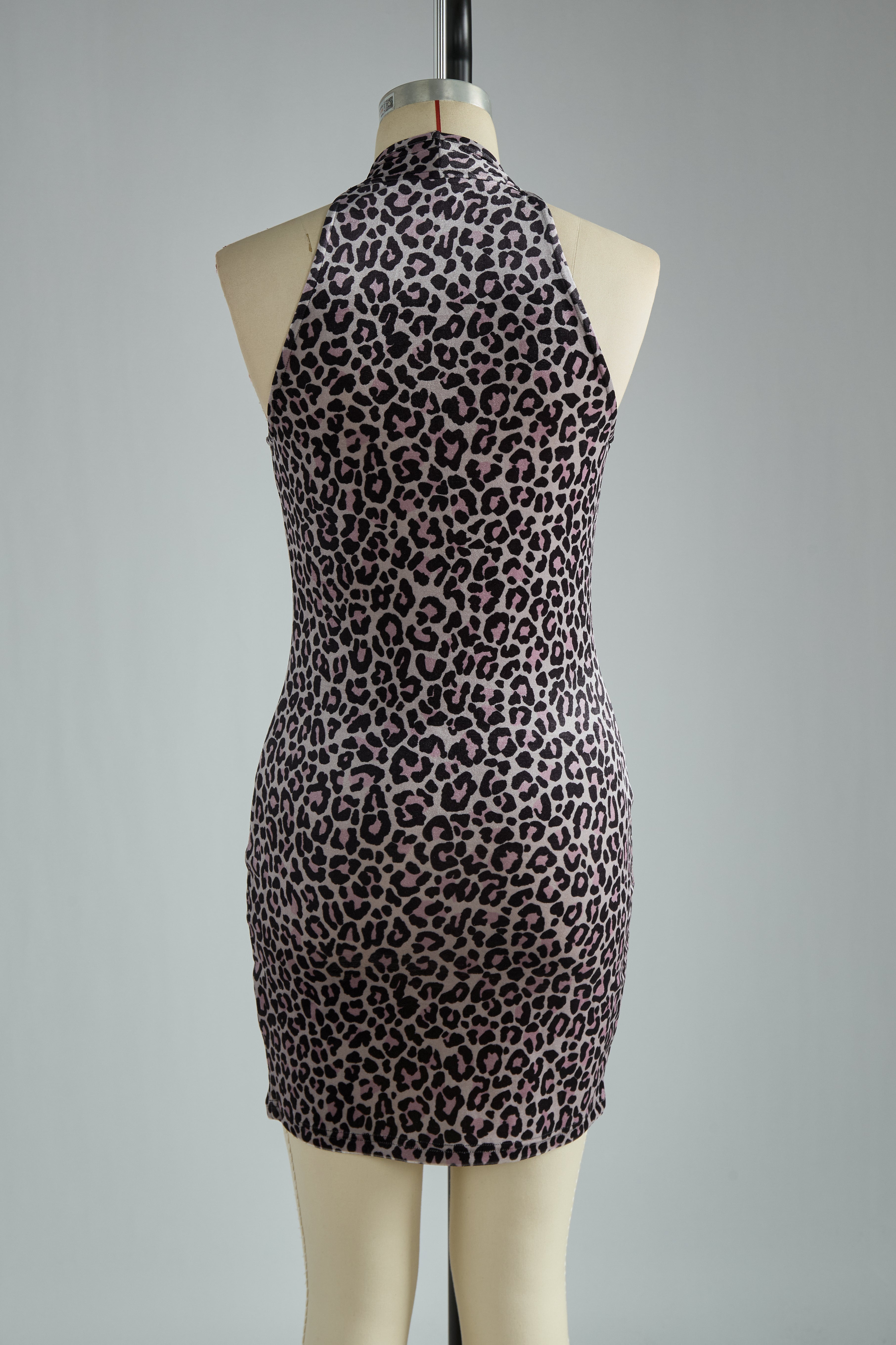 Elegant And Sexy Purple Leopard Print Halter Velvet Mini Dress