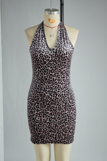 Elegant And Sexy Purple Leopard Print Halter Velvet Mini Dress