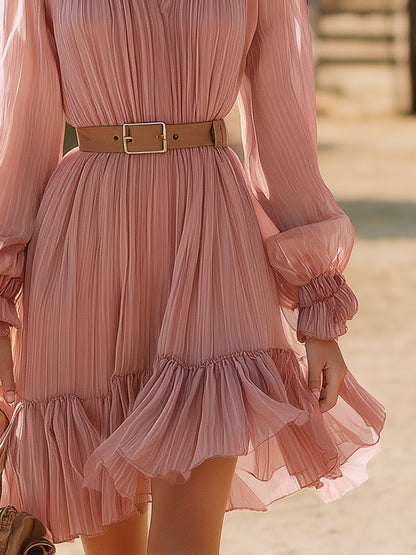 Stylish Pink Chiffon Pleated  With Ruffled Trim Midi Dress