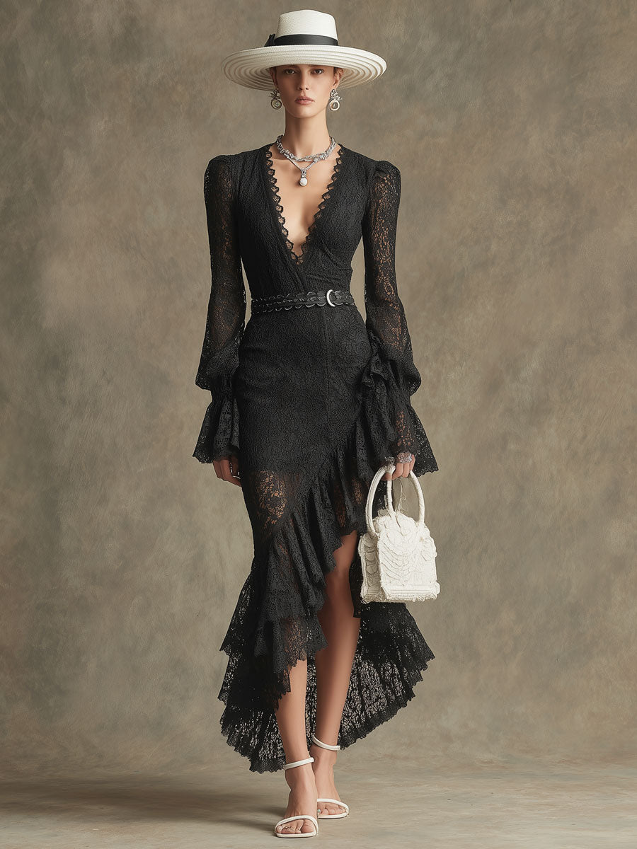 Fashionable Retro Long-sleeved Black Lace Ruffled Slit Maxi Dress