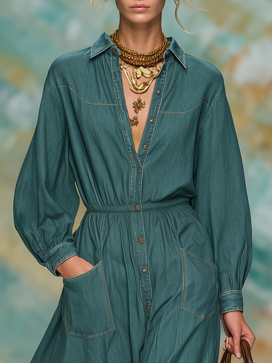 Retro Casual Fashion Lapel Long Denim Dress