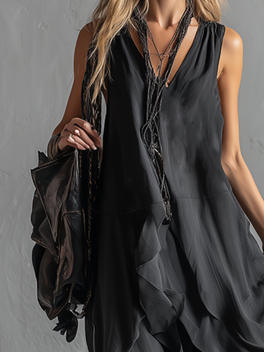 Urban Silhouette Black Chiffon Double-layered Skirt Sleeveless Maxi Dress