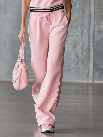 Elegant Fashion Sporty Hooded Front Zipper Short-sleeved Pink Cotton Top And Pants Set