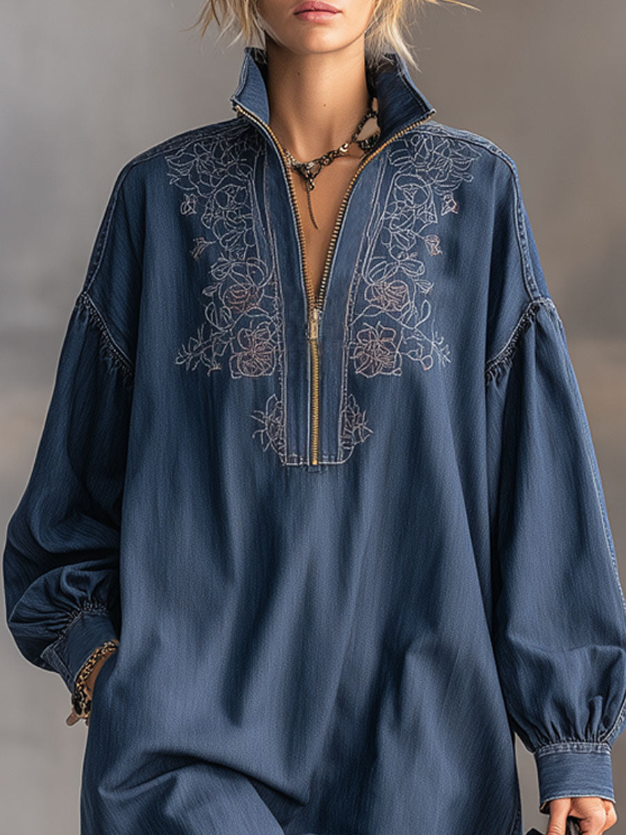 Retro Stand-up Collar Zipper Embroidered Ruffle Washed Denim Midi Dress