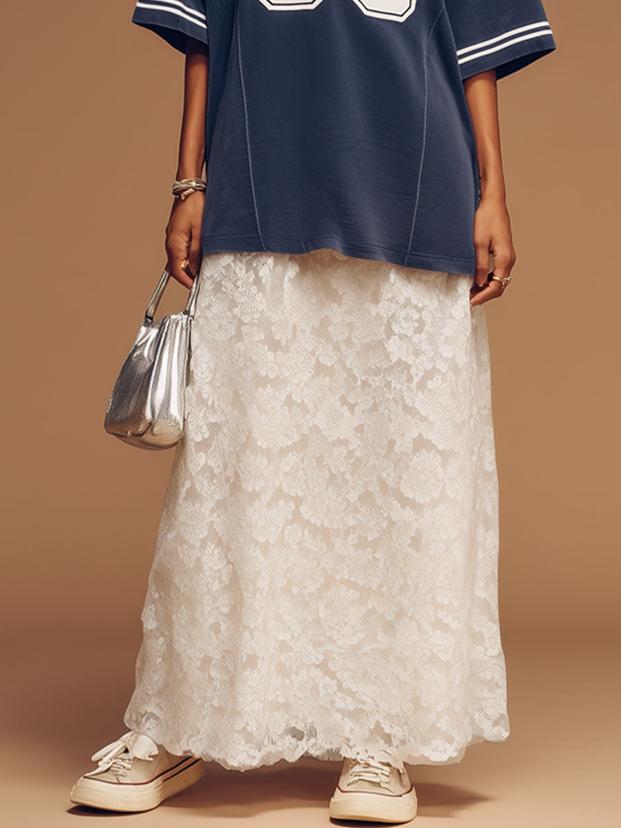 Sporty Retro Letter Short-Sleeve Dark Blue Cotton T-Shirt And Lace Skirt Set