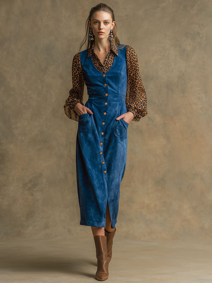 Western Retro Long-Sleeved Chiffon Leopard Print Blue Faux Suede Midi Dress