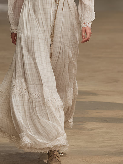 Vintage Bohemian Style Off-white Checkered Print Chiffon Maxi Dress