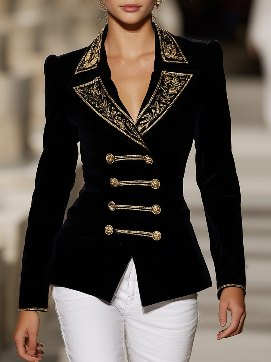 Western Black Velvet Patchwork Embroidered Button  Blazer
