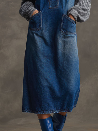Casual Retro Long-sleeved Gray Knit Patchwork Blue Denim Midi Dress