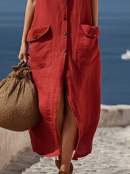 Retro-style Sleeveless Cardigan Red Cotton-linen Maxi Dress