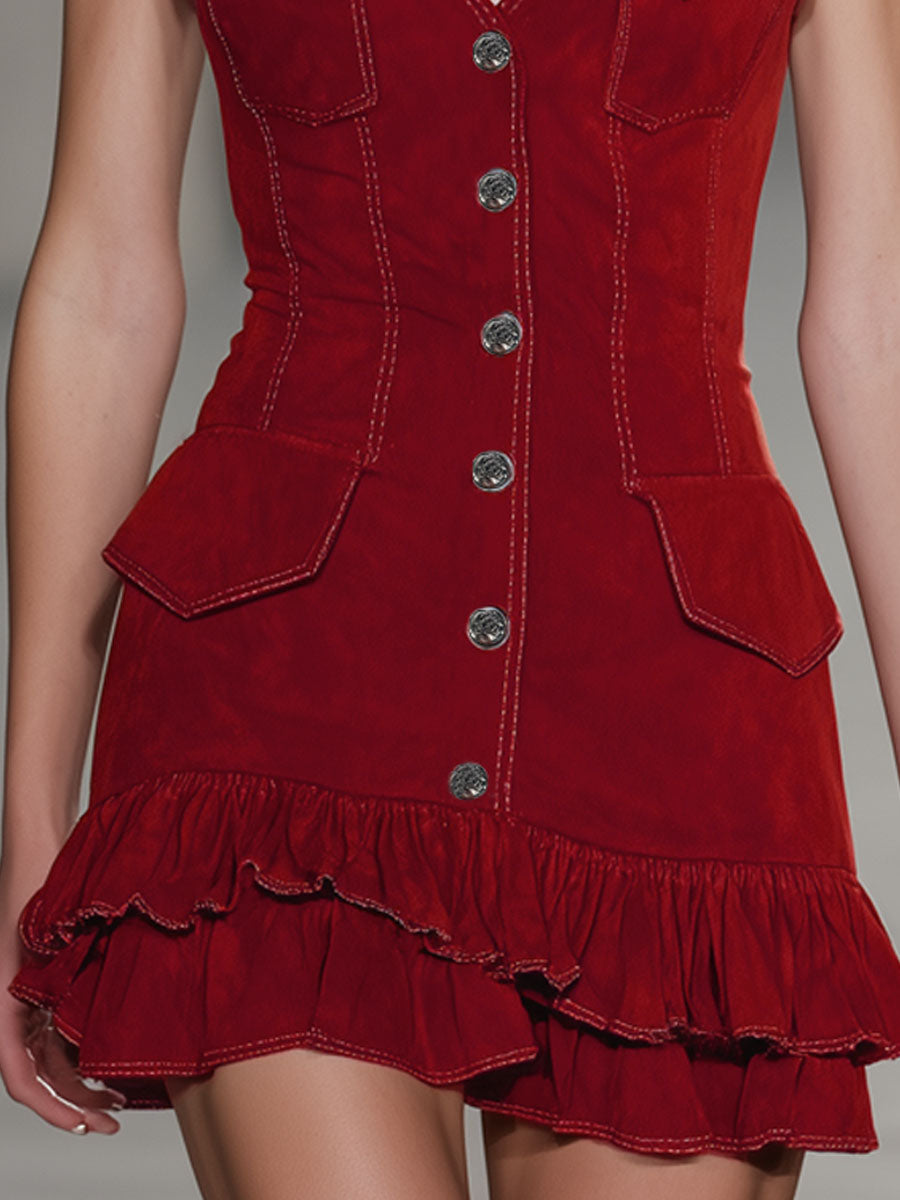 Western Style Halter Neck V-neck Button-down Ruffled Faux Suede Sleeveless Mini Dress