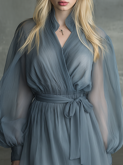 Beautiful And Stylish Cross-neck Long-sleeved A-line Chiffon Mini Dress