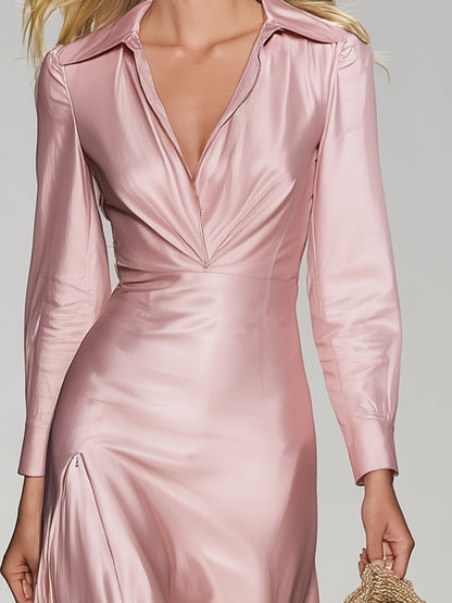 Elegant Pink Satin Shirt Collar Midi Dress