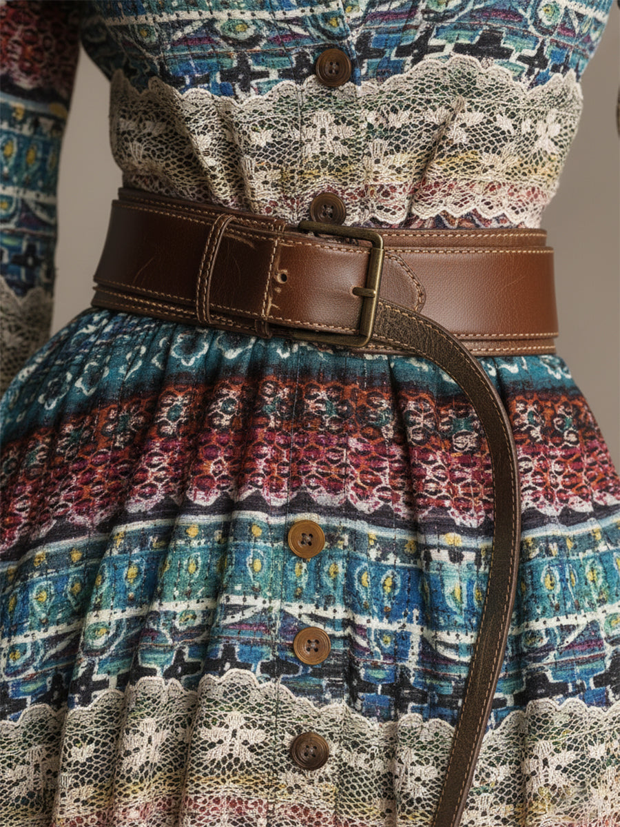 Retro Ethnic Style Multicolored Front Button Maxi Dress