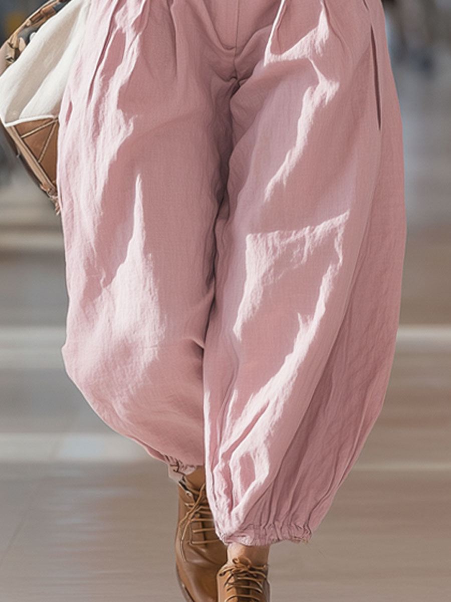 Pink Cotton And Linen Balloon Pants
