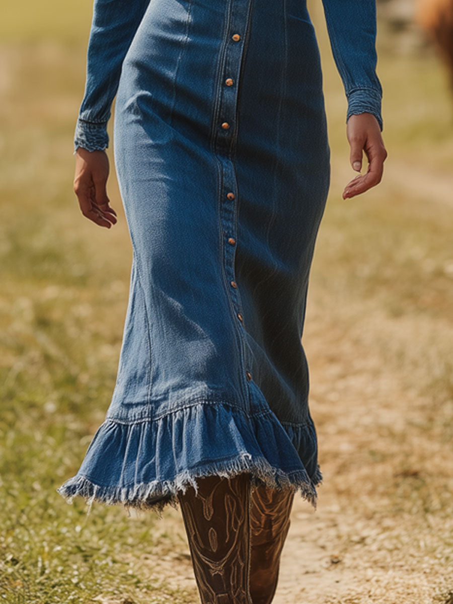 Western Retro Long-Sleeved Blue Denim Frayed Midi Dress