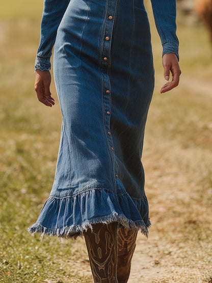 Western Retro Long-Sleeved Blue Denim Frayed Midi Dress