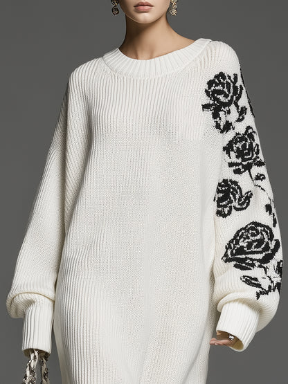 Stylish Loose-fitting Black Rose White Knit Maxi Dress