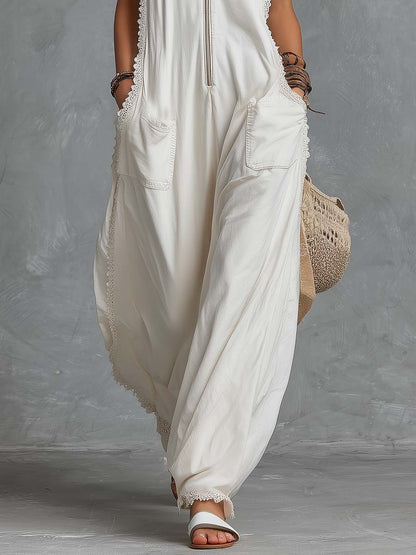 Vintage Casual Western Hooded V-neck Front Zip Lace Trim White Cotton Jumpsuit