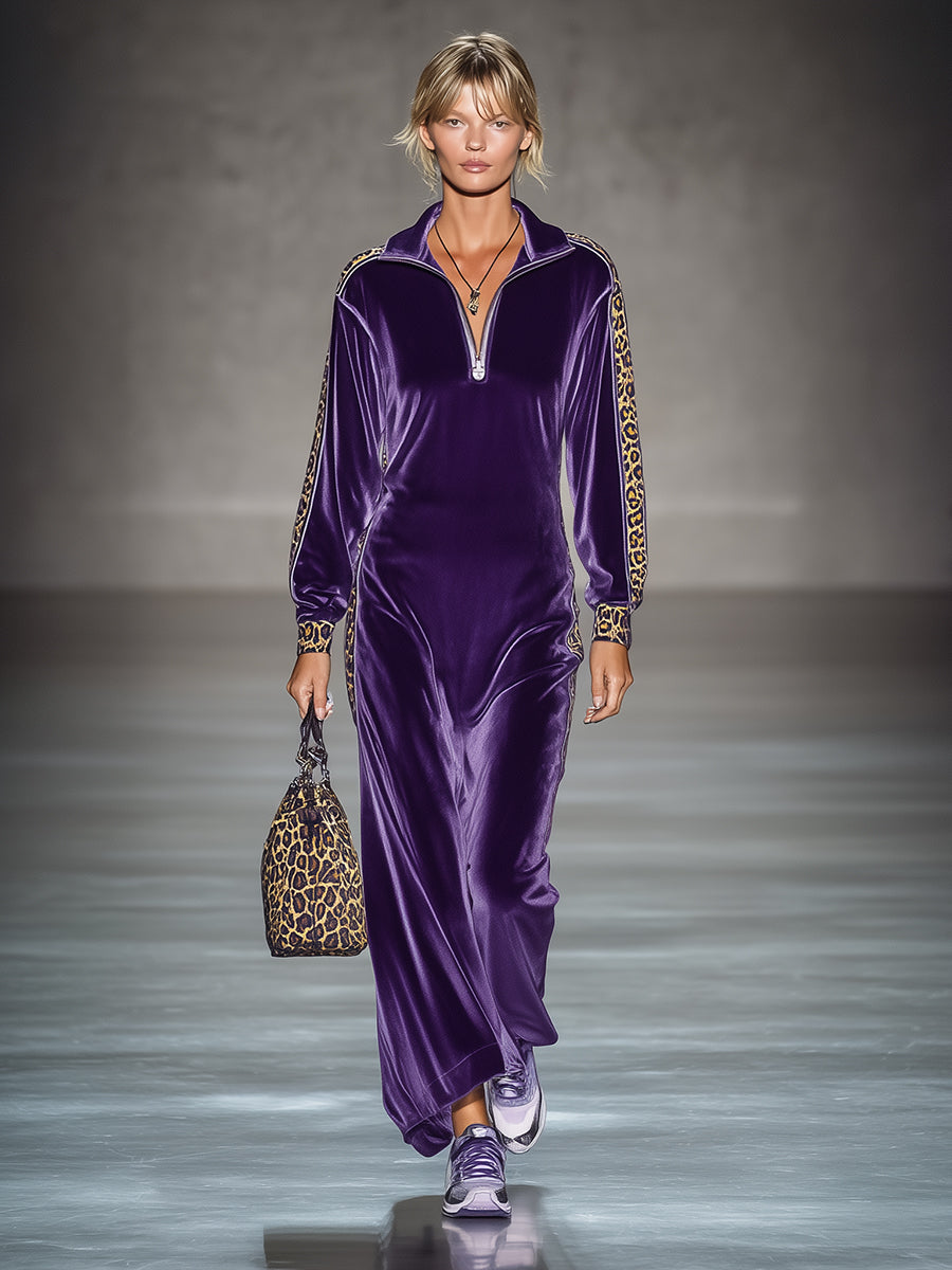 Stylish Purple Loose-fitting Zippered Leopard Print Maxi Dress