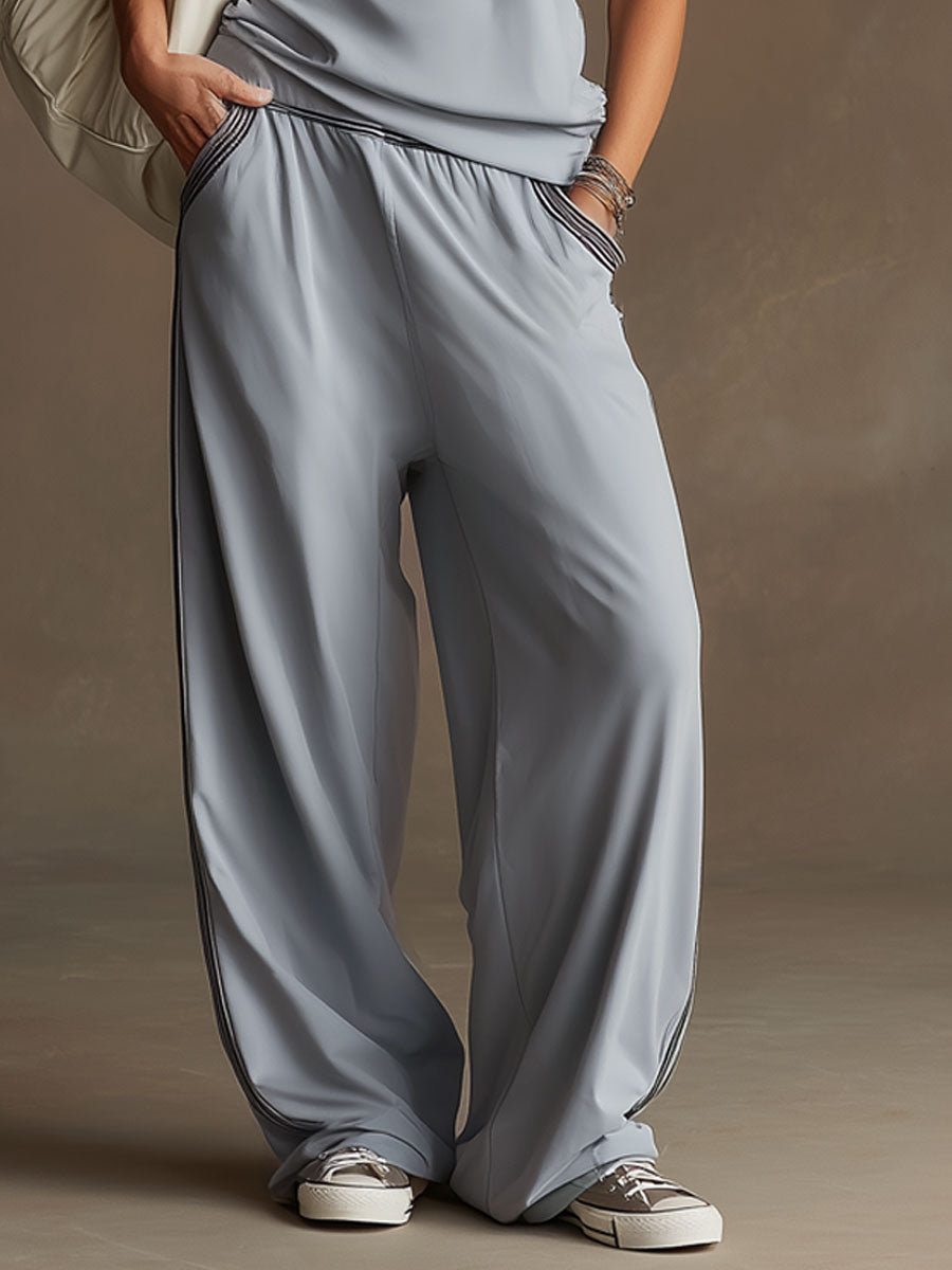 Casual Sporty Retro Webbing Gray-Blue Vest Wide-Leg Pants Set