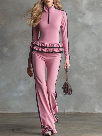 Elegant And Sporty Ruffled Pink T-shirt And Pants Set