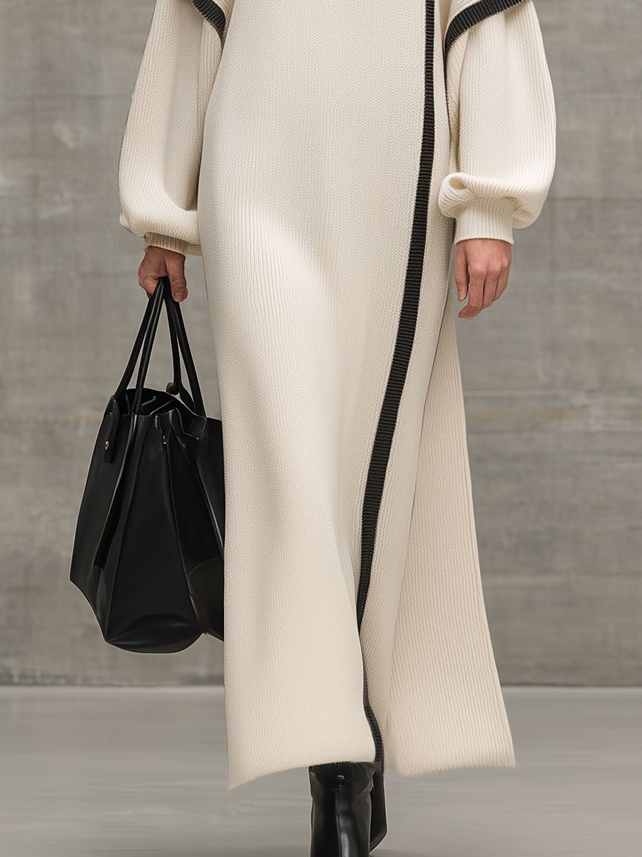 Loose-fitting Black Striped Faux Two-piece Sleeve White Knit Maxi Dress